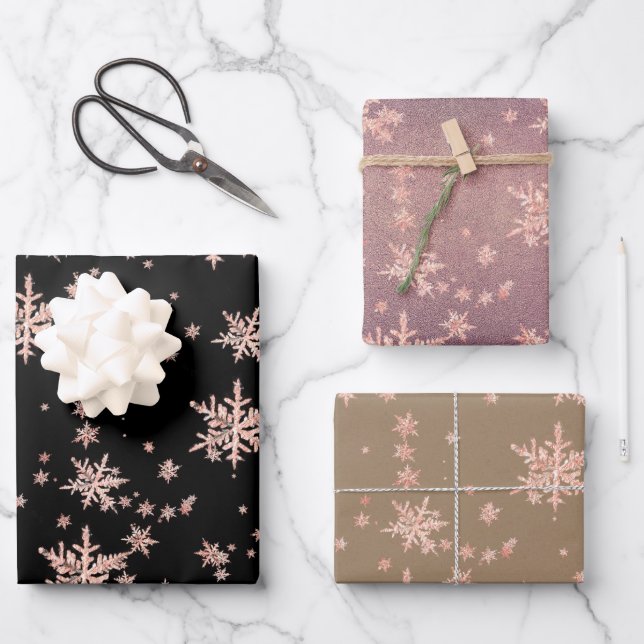 Pink Gold Snowflakes Black Kraft Lila Dämmerung Geschenkpapier Set (Vorderseite)