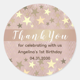 Pink Gold Stars 1. Geburtstag Vielen Dank Runder Aufkleber