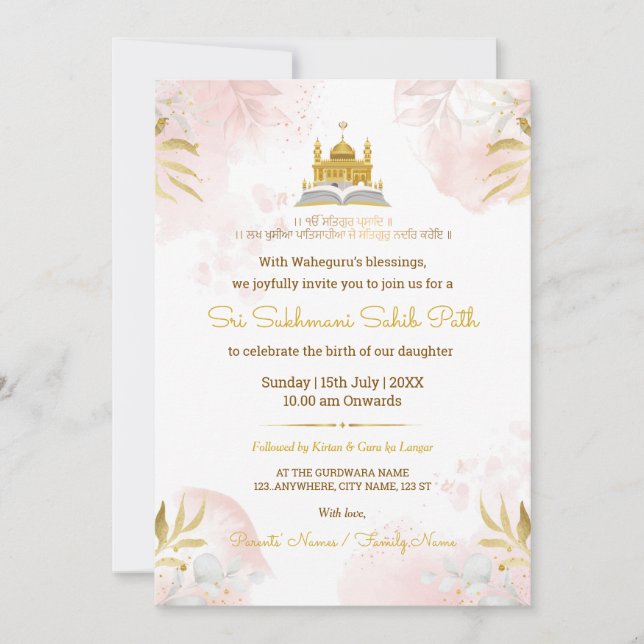 Pink & Gold Sukhmani Sahib Path Invitation Card Einladung (Vorderseite)