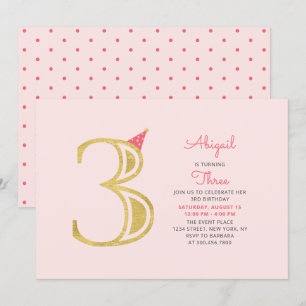 Pink & Gold   Süßes modernes Mädchen 3. Geburtstag Einladung