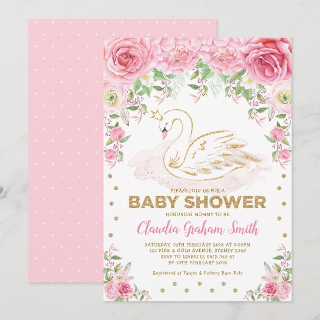 Pink Gold Swan Princess Girl Baby Dusche Einladung (Vorne/Hinten)