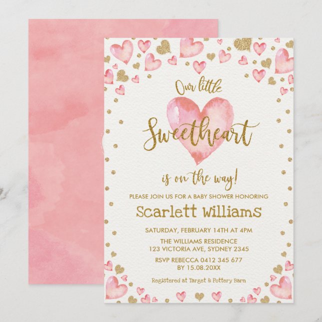 Pink Gold Sweetheart Baby Dusche Einladung Herzen (Vorne/Hinten)