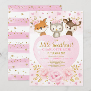 Pink Gold Sweetheart Woodland Tiere Geburtstag Einladung