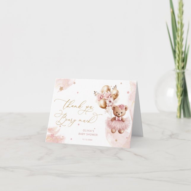 Pink Gold Teddy Bear Balloon Baby Girl Vielen Dank Dankeskarte (Vorderseite)