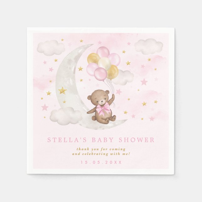 Pink Gold Teddy Bear Balloons Moon Stars Wolken Serviette (Vorderseite)