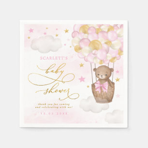 Pink Gold Teddy Bear Hot Air Ballon Baby Girl Serviette