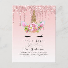 Pink Gold Tropfen Glitzer Unicorn Baby Girl Dusche Postkarte