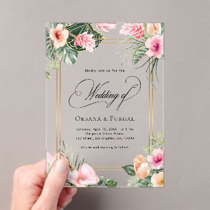 Pink Gold Tropical Beach Hochzeit in Urlaubsort Acryleinladungen