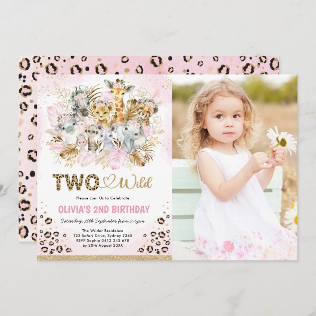 Pink Gold Tropical Safari Zwei Wildtiere Foto Gebu Einladung (Vorne/Hinten)