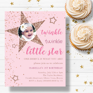 Pink & Gold Twinkle Star 1. Geburtstag Einladung
