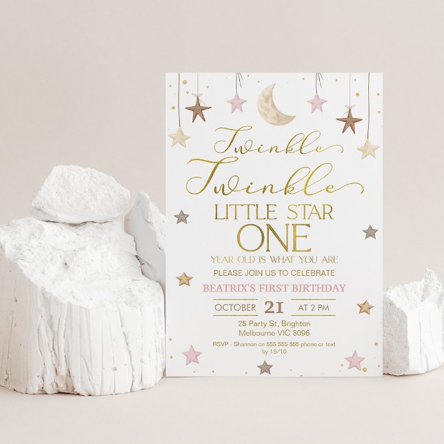Pink Gold Twinkle Twinkle Little Star Geburtstag Einladung (Twinkle twinkle little star first birthday invitation for baby girl featuring some faux gold text.)