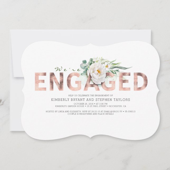 Pink-Gold-Typografie White Floral Engagement Party Einladung (Vorderseite)