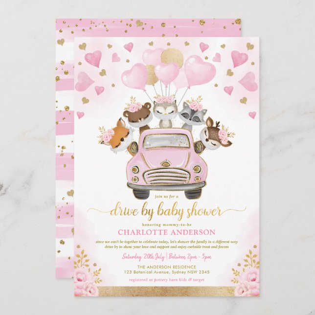 Pink Gold Valentines Woodland Drive by Baby Showro Einladung (Vorne/Hinten)