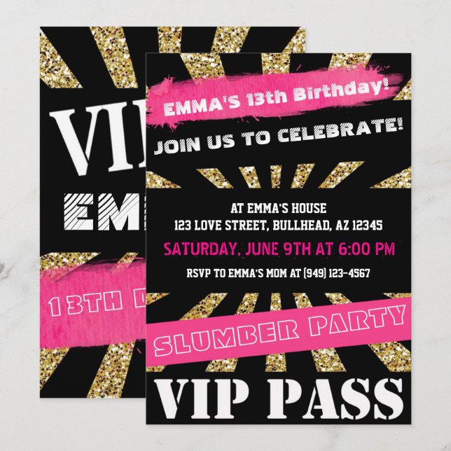 Pink & Gold VIP PASS Girls Sleepover Teenager Girl Einladung (Vorne/Hinten)