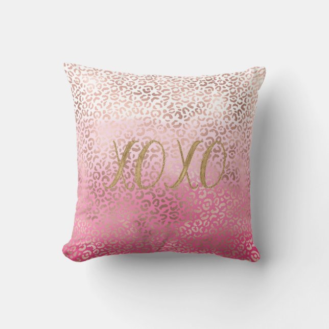 Pink Gold Wasserfarbe Ombre Leopard Print XOXO Kissen (Vorderseite)