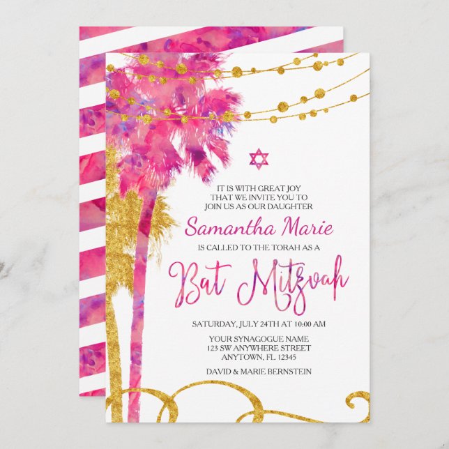 Pink Gold Watercolor Beach Bat Mitzvah Einladungen (Vorne/Hinten)