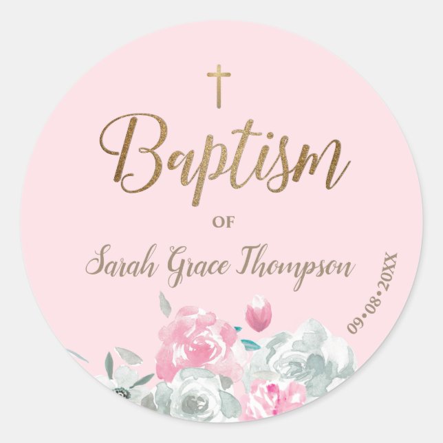 Pink Gold Watercolor Blumenjungen Mädchen Taufe Runder Aufkleber (Vorderseite)