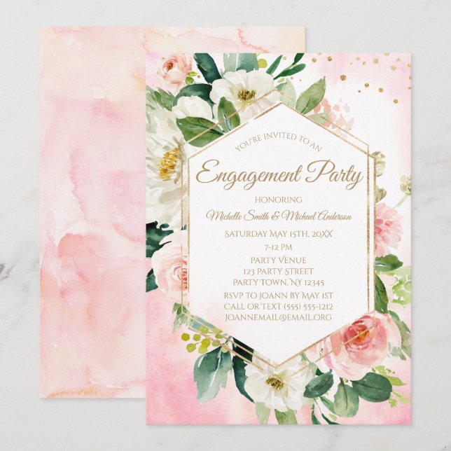 Pink Gold Watercolor Floral Engagement Party Einladung (Vorne/Hinten)
