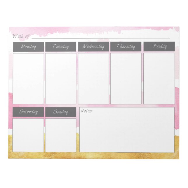 Pink & Gold Watercolor Weekly Muster Editor Notizblock (Vorderseite)