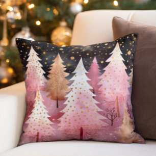 Pink Gold Weihnachtsbaumen Snowflakes Night Sky Kissen