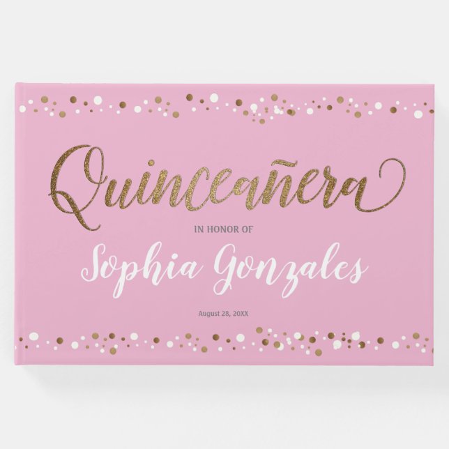 Pink Gold White Confetti Quinceanera 15. Geburtsta Gästebuch (Vorderseite)