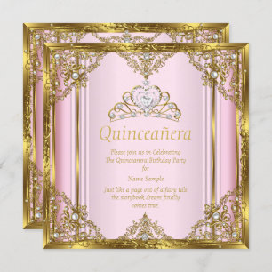 Pink Gold White Pearcess Princess Quinceanera 3 Einladung