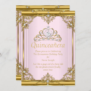 Pink Gold White Pearl Princess Quinceanera Blush Einladung