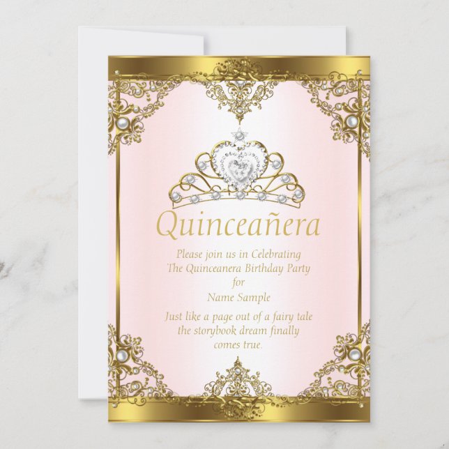 Pink Gold White Pearl Princess Quinceanera Einladung (Vorderseite)