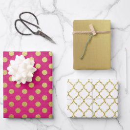 PINK GOLD WHITE POLKA DOTS & DIAMOND PATTERN GESCHENKPAPIER SET
