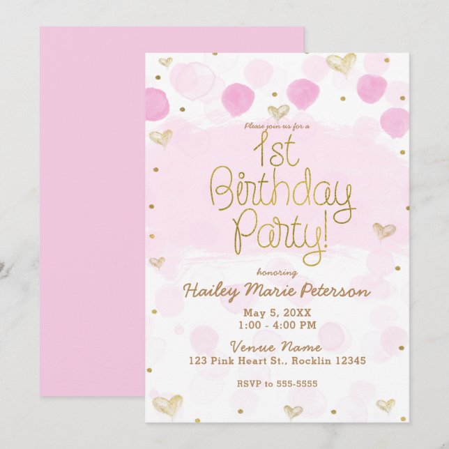 Pink Gold White Polka Dots & Hearts 1. Geburtstag Einladung (Vorne/Hinten)
