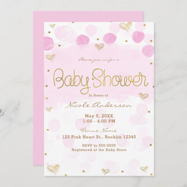 Pink Gold White Polka Dots & Hearts Baby Dusche Einladung (Vorne/Hinten)