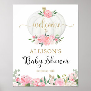 Pink gold white pumpkin baby shower welcome sign poster