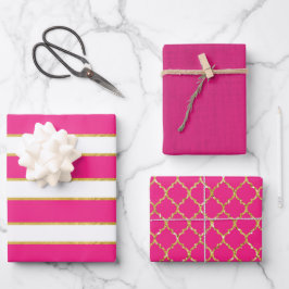 PINK GOLD WHITE STRIPES & DIAMOND PATTERN GESCHENKPAPIER SET