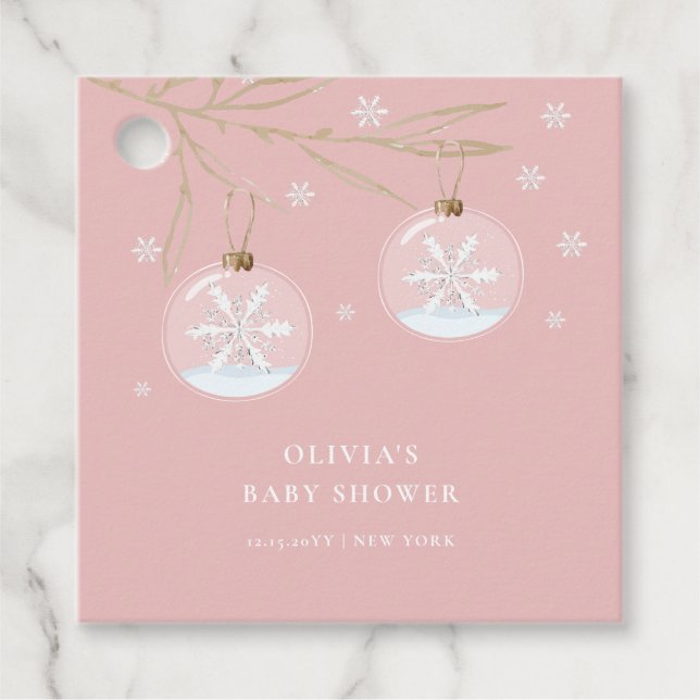 Pink Gold Winter Snowflake Babydusche Geschenkanhänger (Vorderseite)