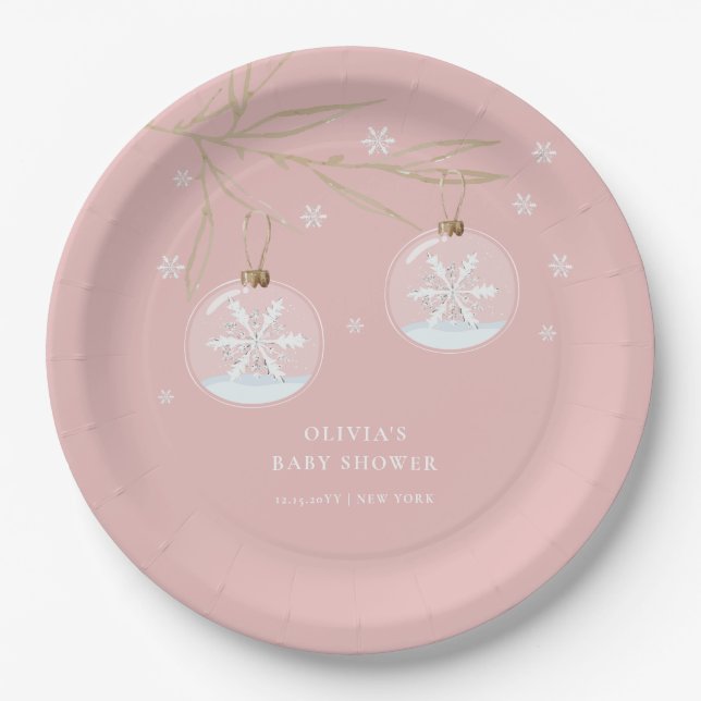 Pink Gold Winter Snowflake Babydusche Pappteller (Vorderseite)