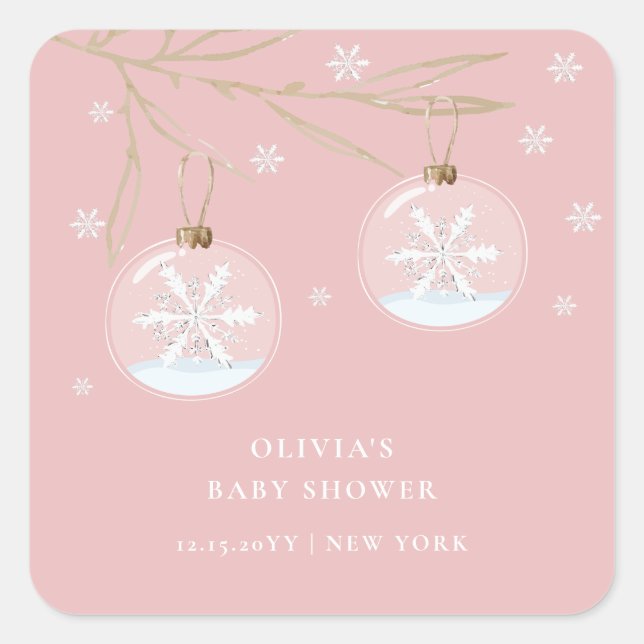 Pink Gold Winter Snowflake Babydusche Quadratischer Aufkleber (Vorderseite)
