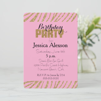 Pink Gold Zebra Print Imitats Glitzer Geburtstag Einladung