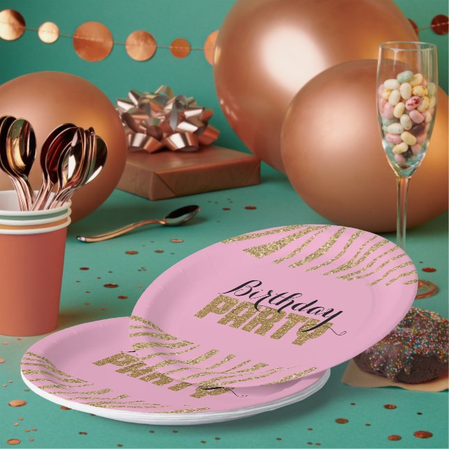 Pink Gold Zebra Print Imitats Glitzer Geburtstag Pappteller (Multi)
