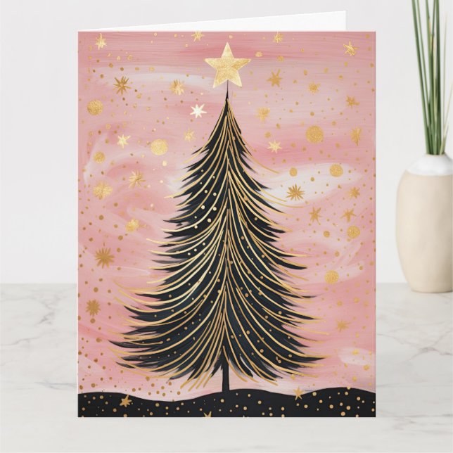 Pink Golden Christmas Tree Karte (Vorderseite)