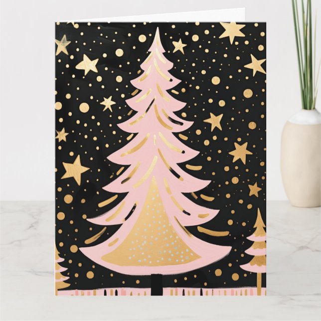Pink Golden Christmas Tree Karte (Vorderseite)