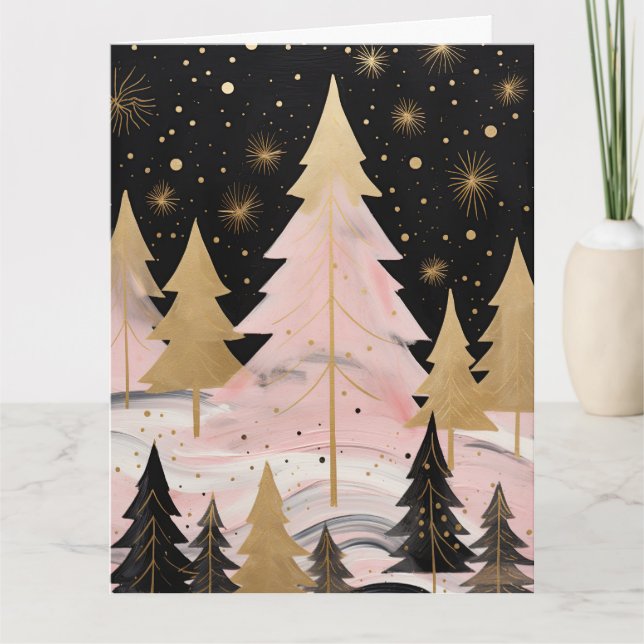 Pink Golden Christmas Tree Karte (Vorderseite)
