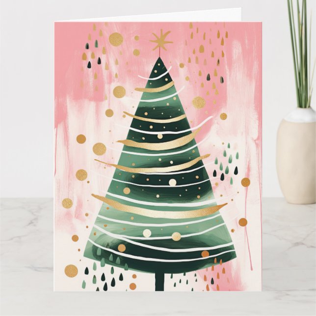 Pink Golden Christmas Tree Karte (Vorderseite)