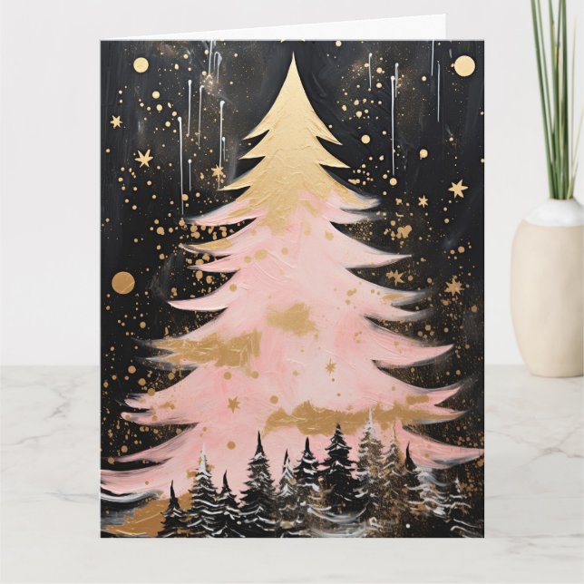 Pink Golden Christmas Tree Karte (Vorderseite)