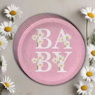 Pink Golden Daisy Glitzer Glow Baby Dusche Pappteller