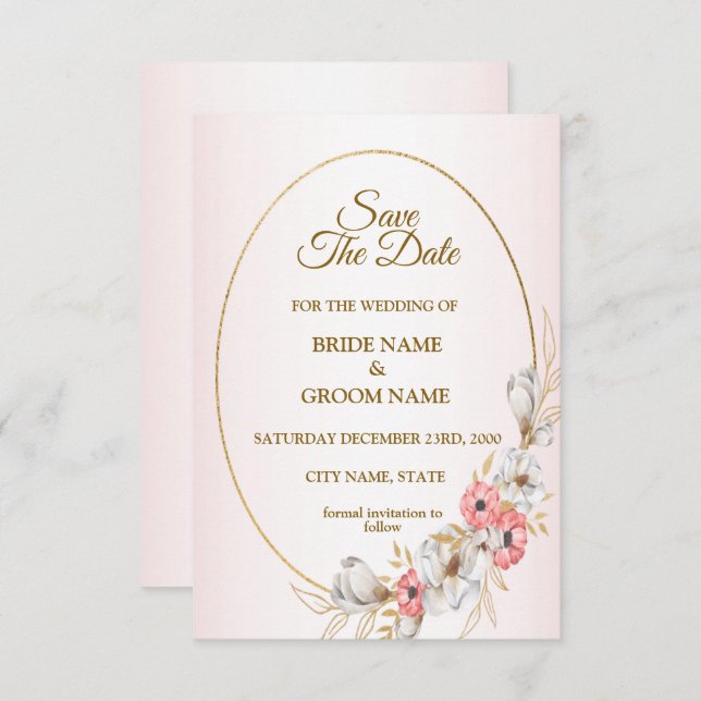 Pink Golden Floral Geometric Peach Wedding Save The Date (Vorne/Hinten)