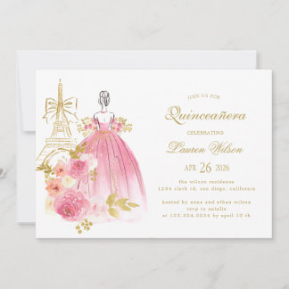 Pink Golden Floral Paris Chic Quinceanera Einladung