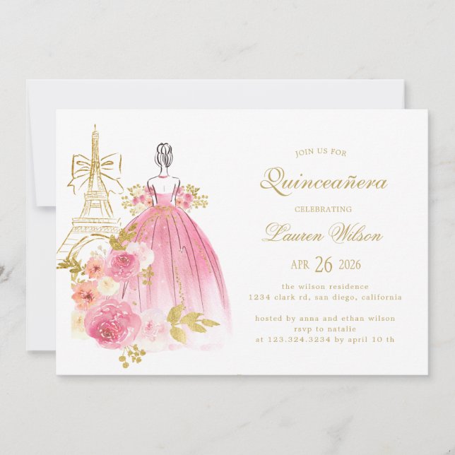 Pink Golden Floral Paris Chic Quinceanera Einladung (Vorderseite)