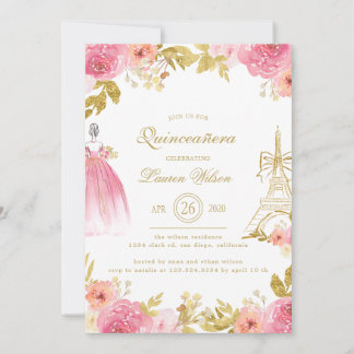 Pink Golden Floral Paris Chic Quinceanera Einladung