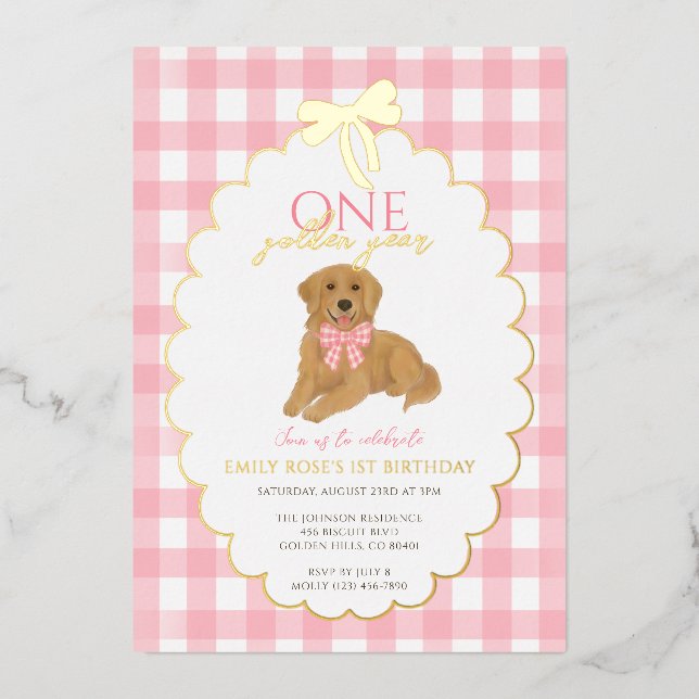 Pink Golden Retriever Puppy Pawty 1. Geburtstag Folieneinladung (Vorderseite)