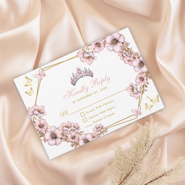 Pink Golden Tiara Butterfly Quinceañera RSVP Karte (Von Creator hochgeladen)